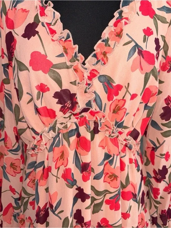 NWOT Floral Ruffle V-Neck Peach Maxi Dress, P2P:22”, L:53” - Picture 3 of 11